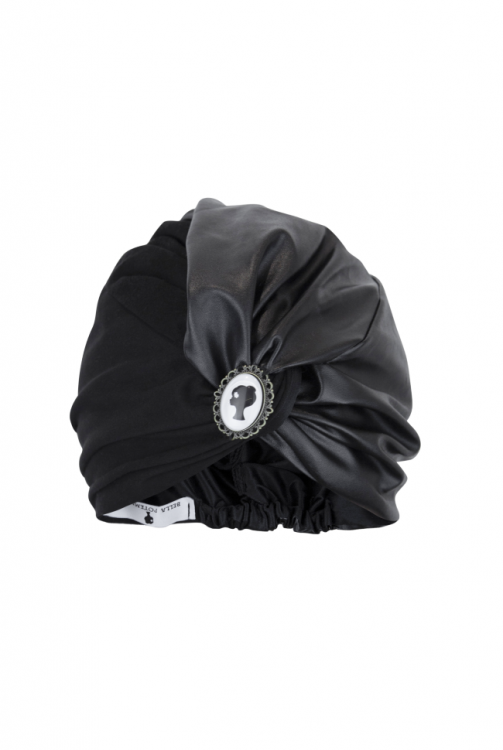 Чалма (тюрбан) "Мэла" черная, комбинированная, атлас - эко-кожа, с лого