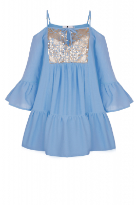 Платье "Дестени" мини, голубое, золотистая вставка