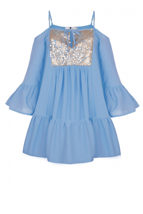 Платье "Дестени" мини, голубое, золотистая вставка