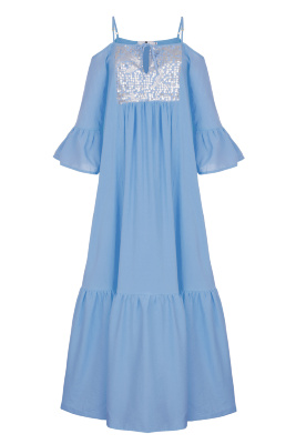 Платье "Дестени" голубое, серебристая вставка, макси
