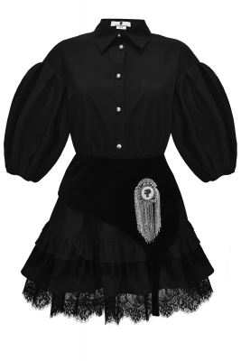Платье "Рэйчел" черное, с баской, эполетом и брошью из страз