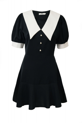 Платье "Элеонор" черное, белый воротник и манжеты, короткий рукав, с пуговицами, мини