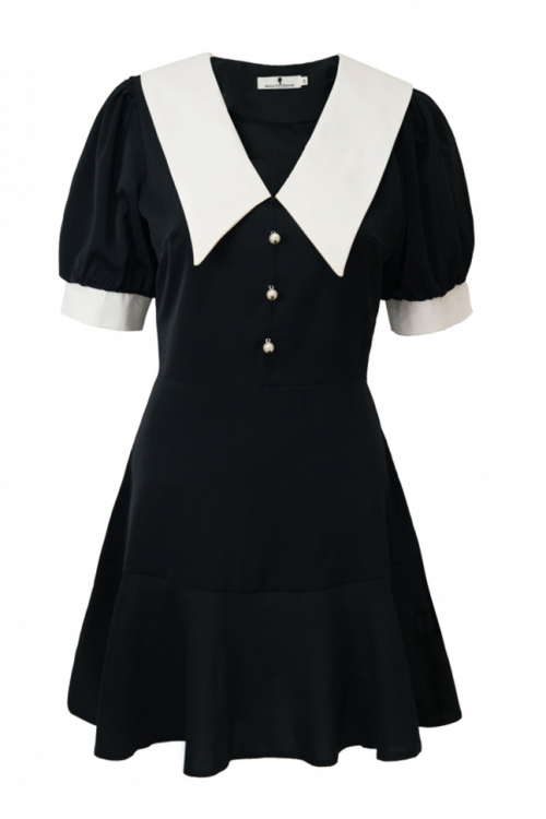 Платье "Элеонор" черное, белый воротник и манжеты, короткий рукав, с пуговицами, мини