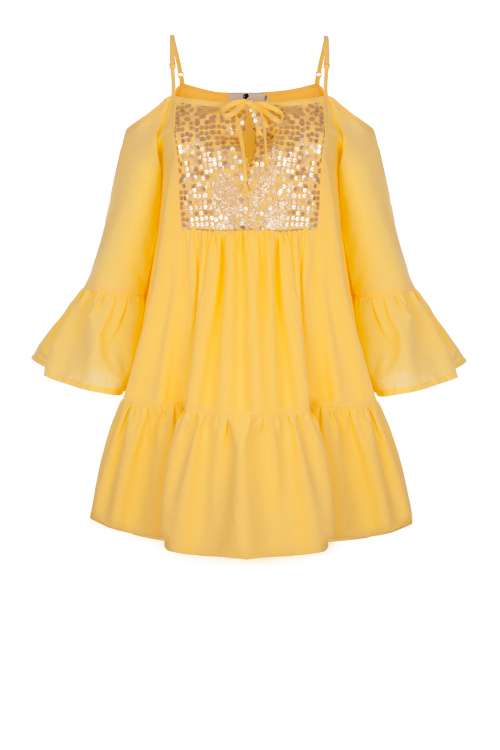 Платье "Дестени" мини, желтое, золотистая вставка