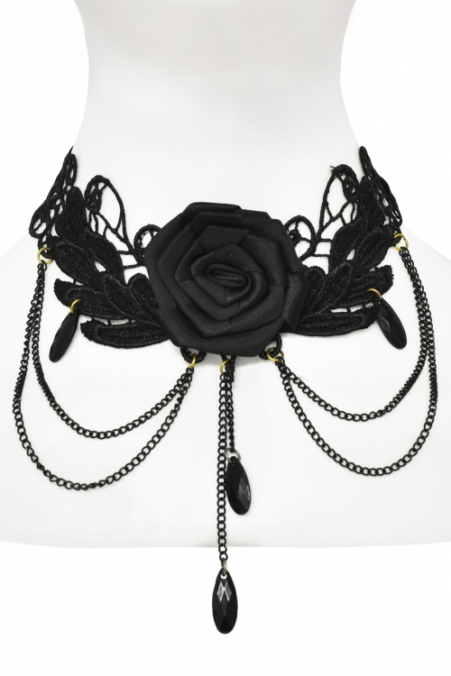 Чокер - колье "Роза" черный, кружево со стеклярусом и цепочками