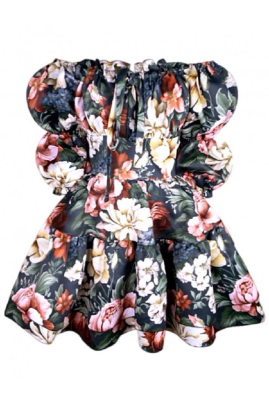 Платье "Барби" черное, бордово-белый принт, с воланами по юбке, мини