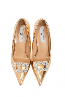 Туфли золотые, медные, на шпильке, с брошью из страз