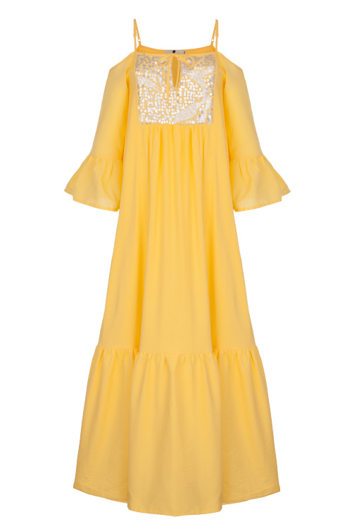 Платье "Дестени" желтое, серебристая вставка, макси