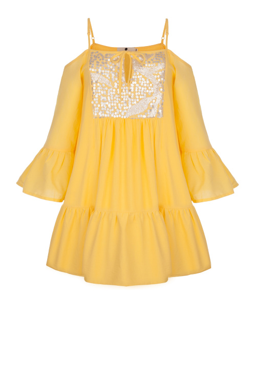Платье "Дестени" желтое, серебристая вставка, мини