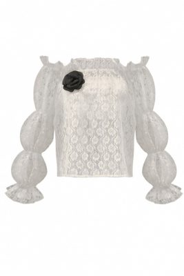 Блуза "Лючия" молочная, кружево, с топом и брошью, рукава фонарики, резинка по декольте